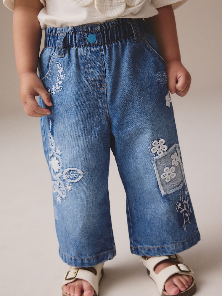Mid Blue Denim Wide Leg Embellished 100% Cotton Jeans (3mths-7yrs) - Image 1 of 9