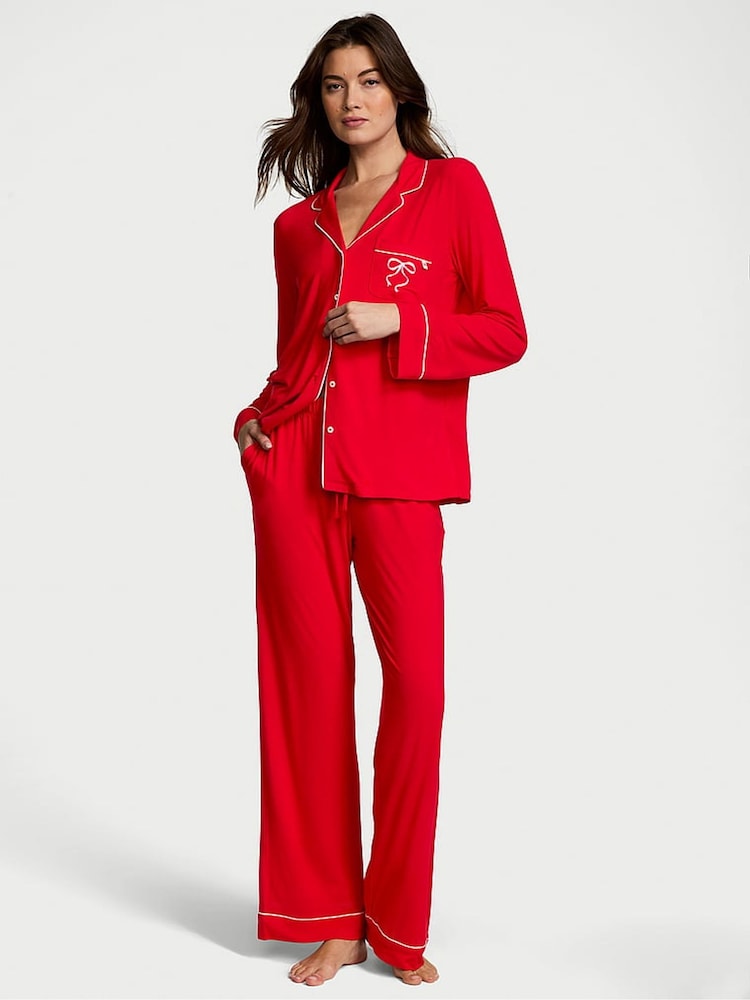 Victoria's Secret Lipstick Bow Graphic Red Modal Long Pyjama Set - Image 1 of 4