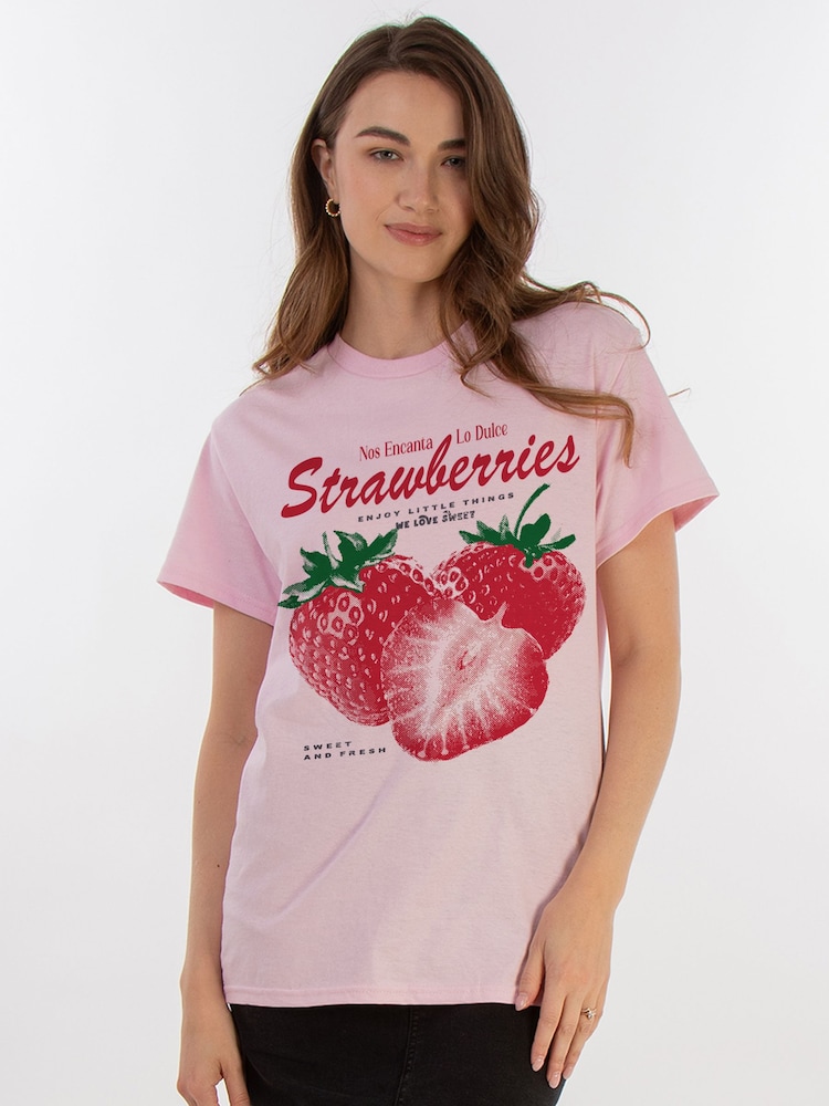 Brands In Pink Strawberries Lo Dulce Boyfriend Fit Graphic T-Shirt - Image 1 of 4 Brands In Pink Strawberries Lo Dulce Boyfriend Fit Graphic T-Shirt - Image 1 of 4