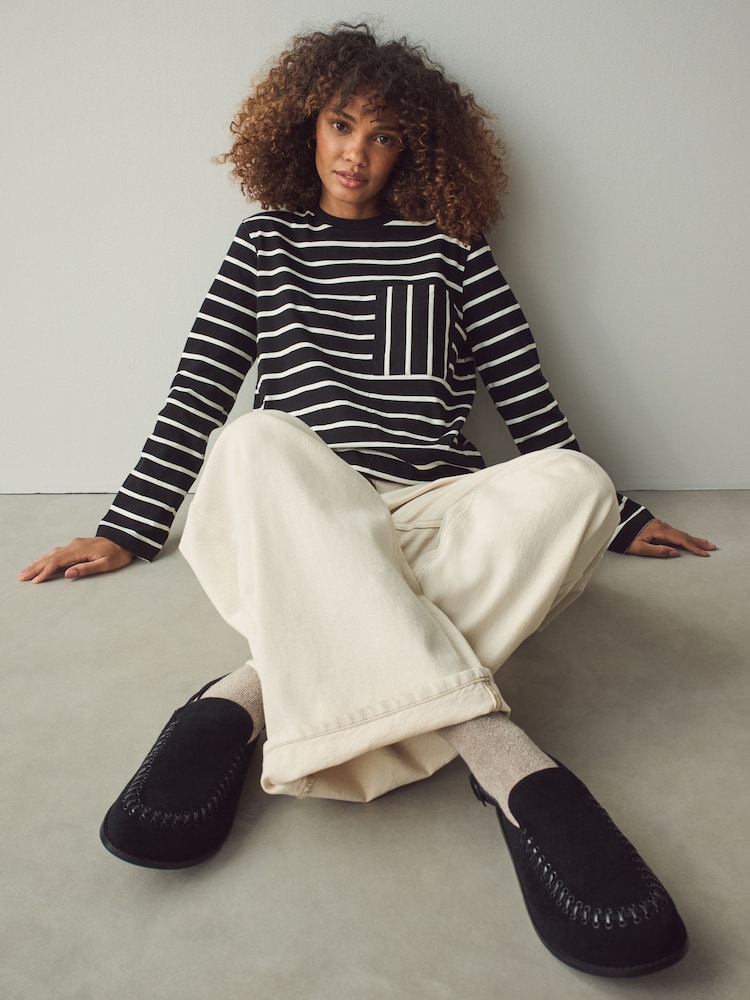 Black/White Stripe Pocket Detail Long Sleeve Drawstring 100% Cotton T-Shirt - Image 1 of 8