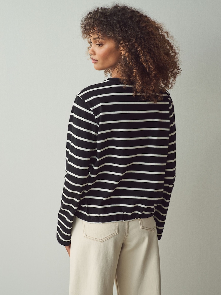 Black/White Stripe Pocket Detail Long Sleeve Drawstring 100% Cotton T-Shirt - Image 2 of 8