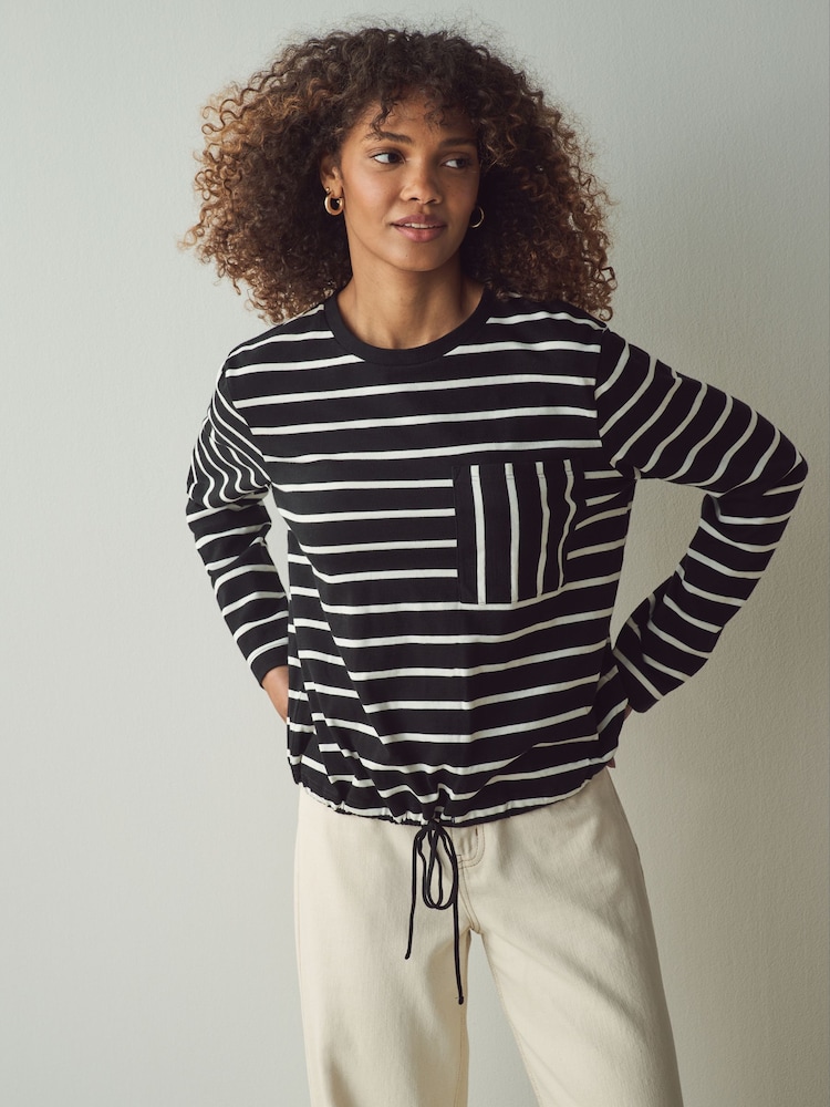 Black/White Stripe Pocket Detail Long Sleeve Drawstring 100% Cotton T-Shirt - Image 3 of 8