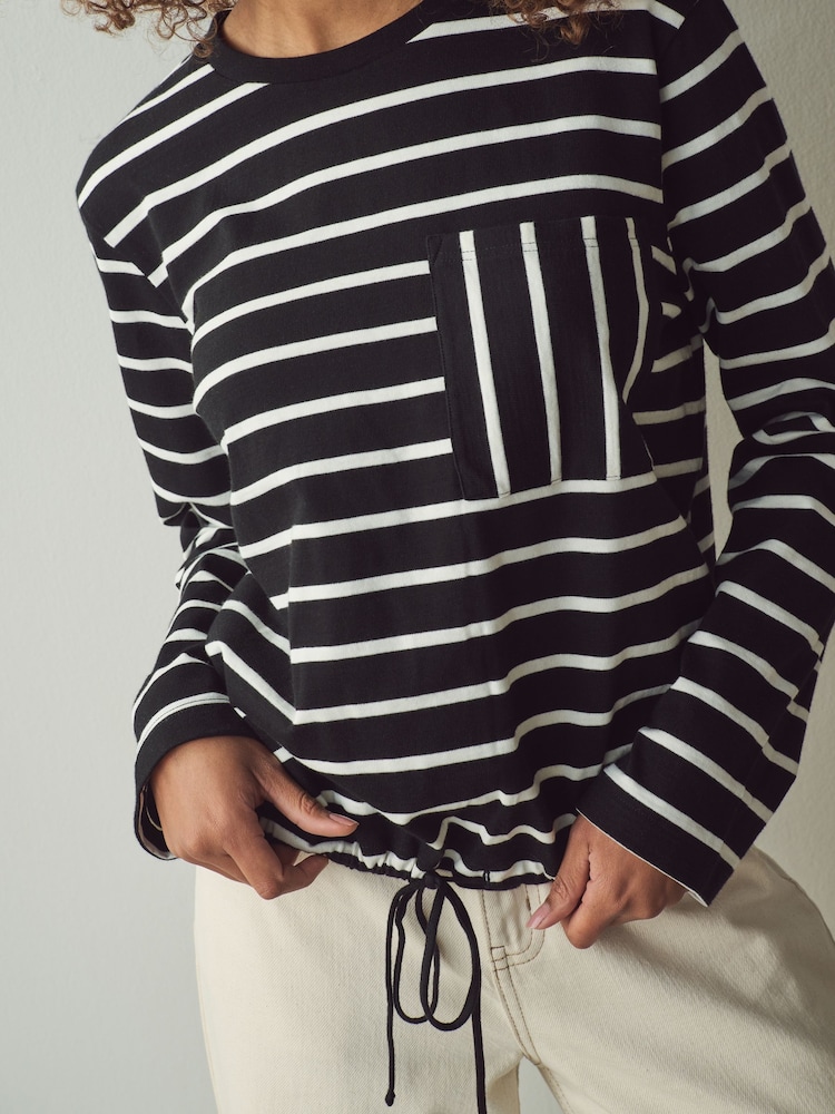 Black/White Stripe Pocket Detail Long Sleeve Drawstring 100% Cotton T-Shirt - Image 4 of 8