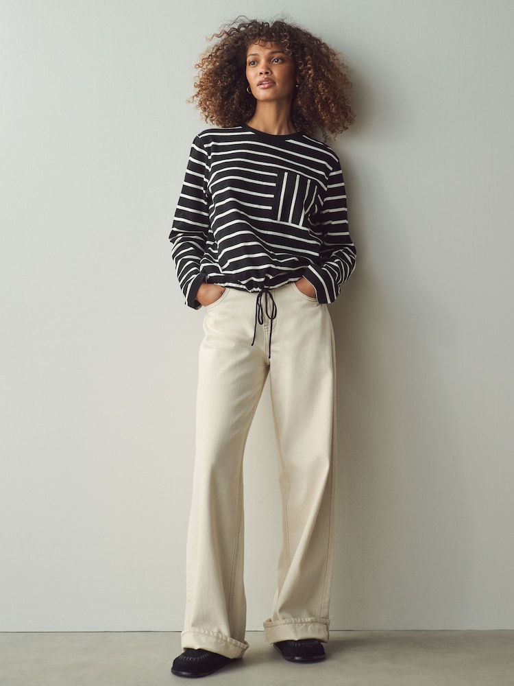 Black/White Stripe Pocket Detail Long Sleeve Drawstring 100% Cotton T-Shirt - Image 5 of 8