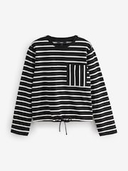Black/White Stripe Pocket Detail Long Sleeve Drawstring 100% Cotton T-Shirt - Image 6 of 8