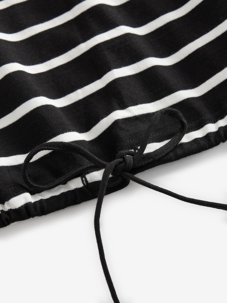 Black/White Stripe Pocket Detail Long Sleeve Drawstring 100% Cotton T-Shirt - Image 7 of 8