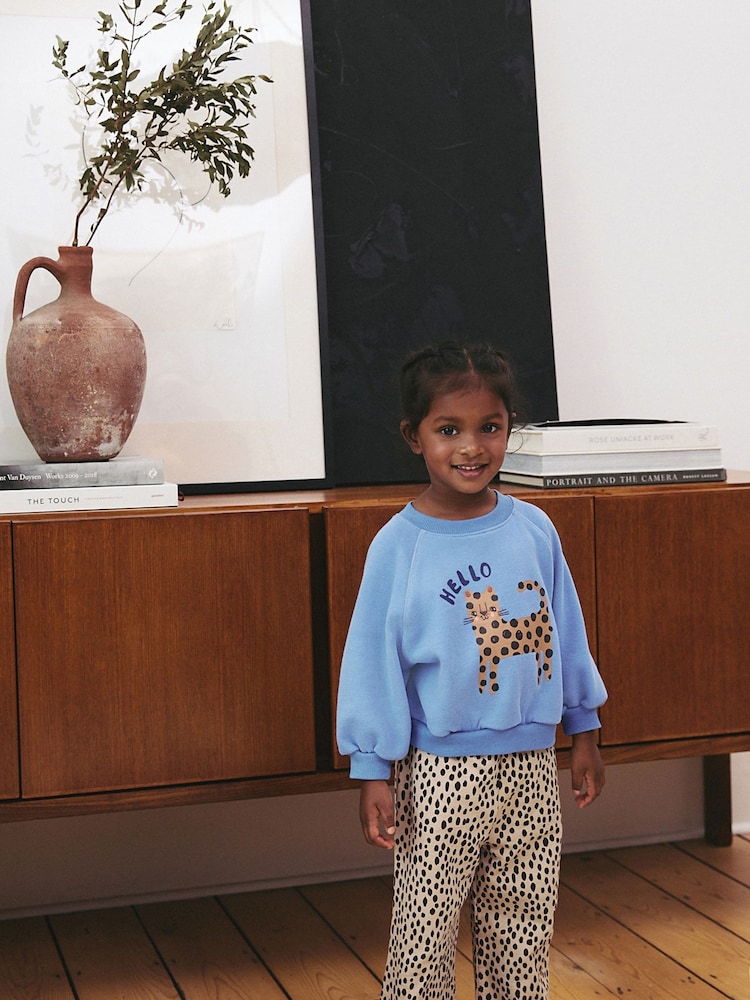 Blue Cat Sweatshirt and Printed 100% Cotton Wide Leg Joggers Set (3mths-7yrs) - Image 1 of 8