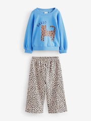 Blue Cat Sweatshirt and Printed 100% Cotton Wide Leg Joggers Set (3mths-7yrs) - Image 5 of 8