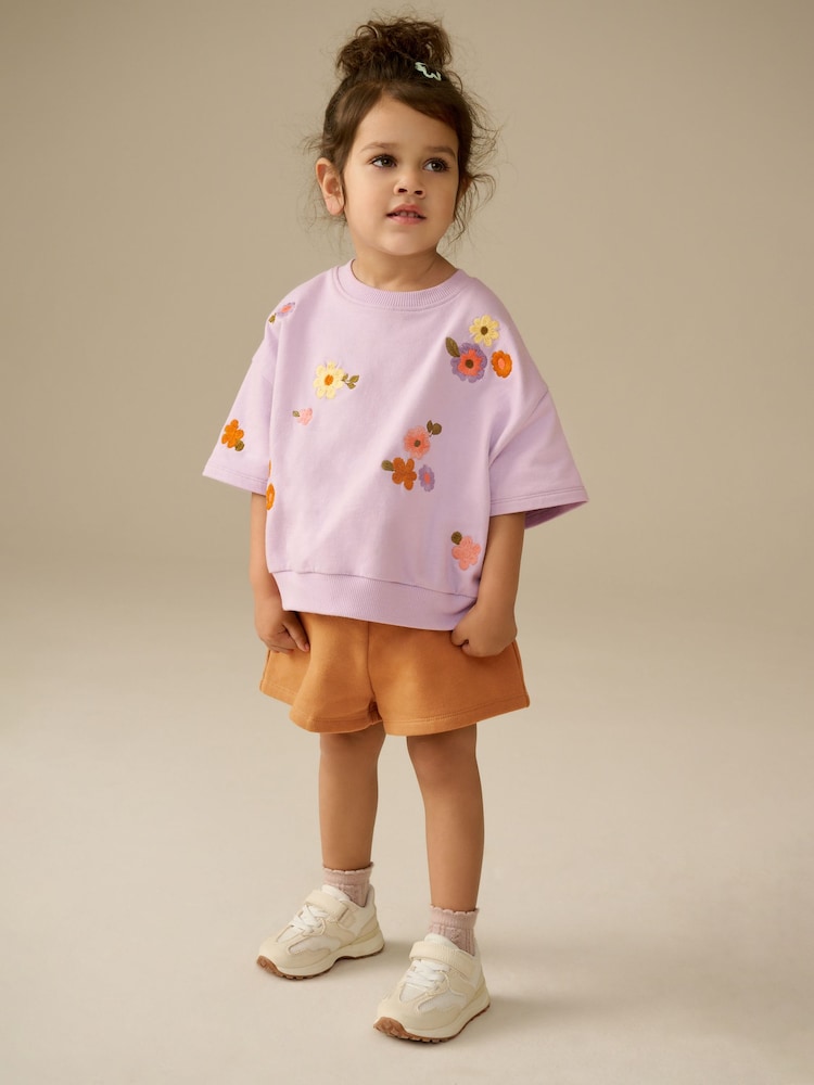 Lilac Purple Short Sleeve 100% Cotton Sweatshirt and Shorts Set (3mths-7yrs) - Image 1 of 9