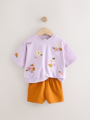 Lilac Purple Short Sleeve 100% Cotton Sweatshirt and Shorts Set (3mths-7yrs) - Image 6 of 9