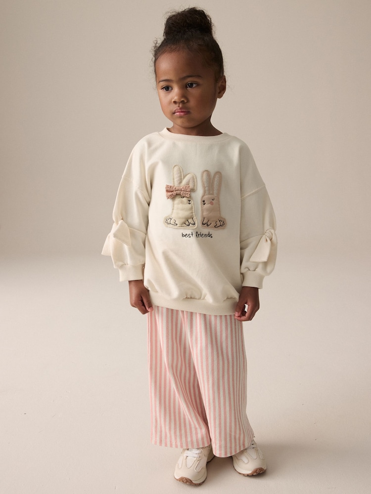 Cream Bunny Sweatshirt and Printed 100% Cotton Wide Leg Joggers Set (3mths-7yrs) - Image 1 of 8