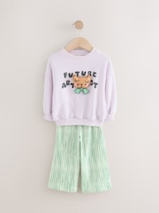 Green Stripe Sweatshirt and Printed 100% Cotton Wide Leg Joggers Set (3mths-7yrs) - Image 3 of 7