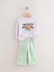 Green Stripe Sweatshirt and Printed 100% Cotton Wide Leg Joggers Set (3mths-7yrs) - Image 4 of 7