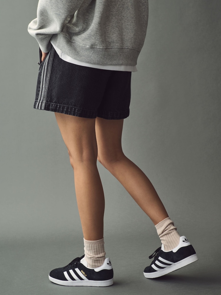 adidas originals Black 3 Stripe Denim Firebird 100% Cotton Shorts - Image 2 of 5