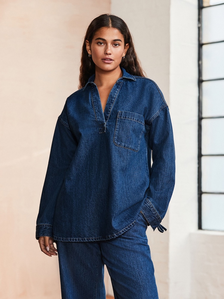 Dark Blue Relaxed Easy Denim Shirt - Image 1 of 8 Dark Blue Relaxed Easy Denim Shirt - Image 1 of 8