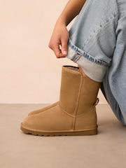Tan Brown Suede Faux Fur Lined Midi Boots - Image 1 of 8