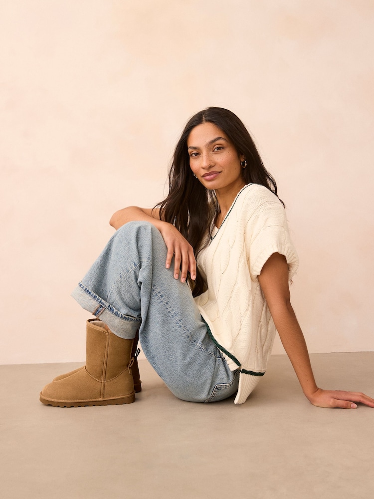 Tan Brown Suede Faux Fur Lined Midi Boots - Image 2 of 8