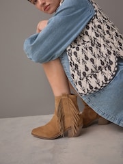 Tan Brown Suede Forever Comfort® Boho Fringe Cowboy Ankle Boots - Image 1 of 10