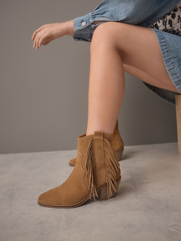 Tan Brown Suede Forever Comfort® Boho Fringe Cowboy Ankle Boots - Image 2 of 10