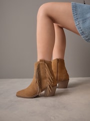 Tan Brown Suede Forever Comfort® Boho Fringe Cowboy Ankle Boots - Image 3 of 10