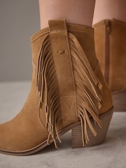 Tan Brown Suede Forever Comfort® Boho Fringe Cowboy Ankle Boots - Image 4 of 10