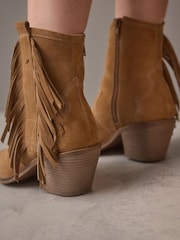 Tan Brown Suede Forever Comfort® Boho Fringe Cowboy Ankle Boots - Image 5 of 10