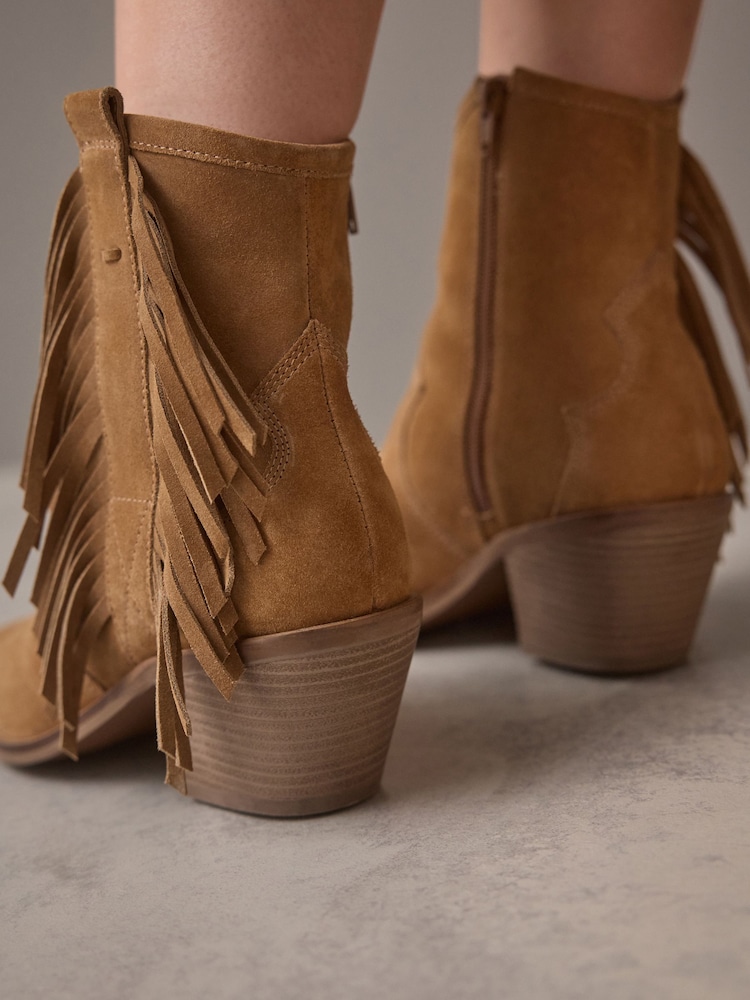 Tan Brown Suede Forever Comfort® Boho Fringe Cowboy Ankle Boots - Image 5 of 10