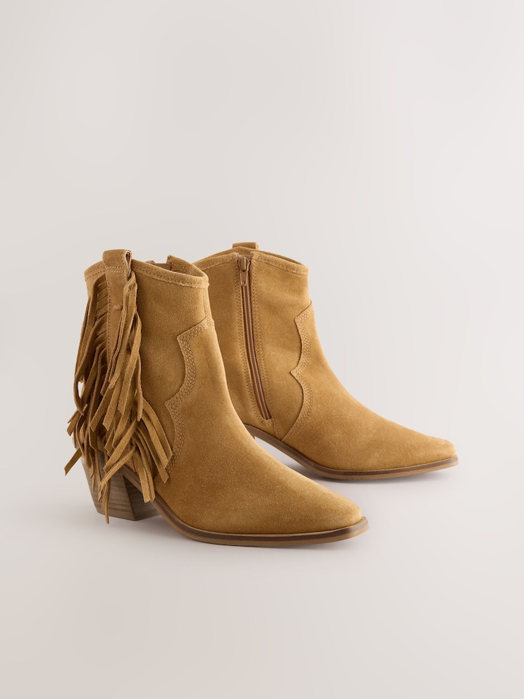 Tan Brown Suede Forever Comfort® Boho Fringe Cowboy Ankle Boots - Image 6 of 10