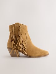 Tan Brown Suede Forever Comfort® Boho Fringe Cowboy Ankle Boots - Image 7 of 10