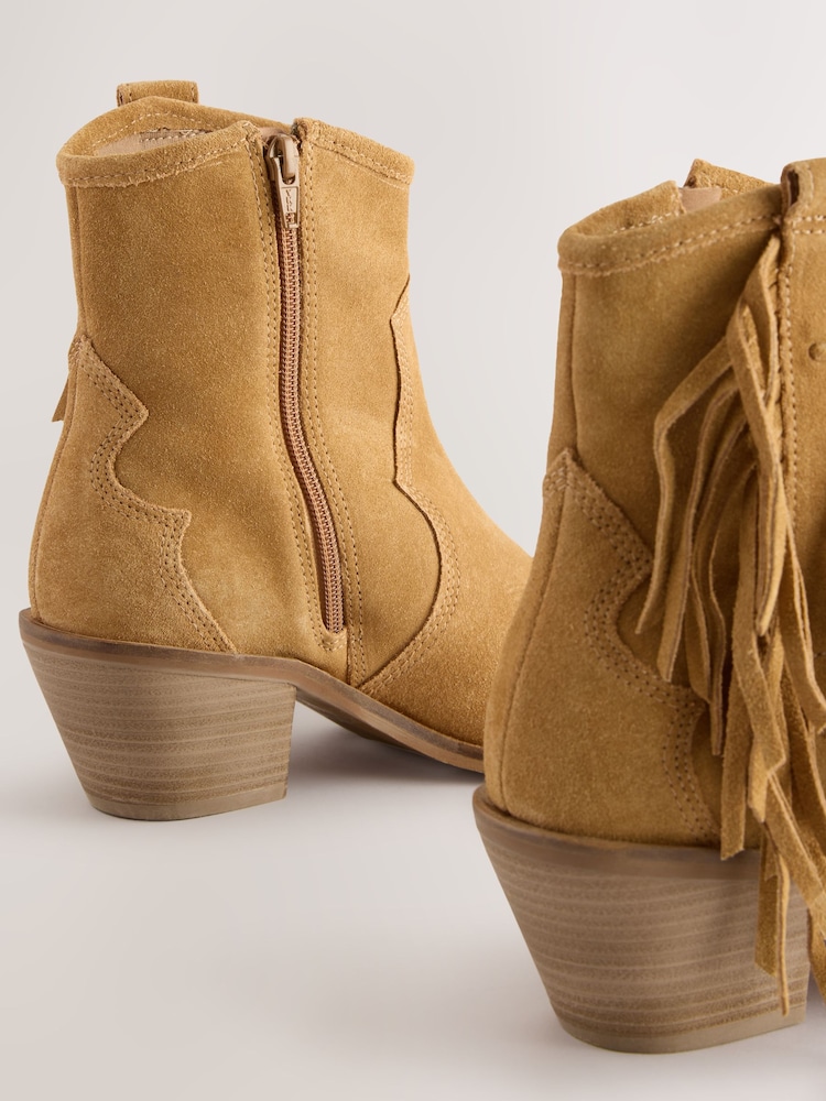 Tan Brown Suede Forever Comfort® Boho Fringe Cowboy Ankle Boots - Image 8 of 10