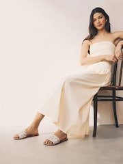 White/Gold Leather Standard/Wide Fit Forever Comfort® Beaded Flower Mules - Image 2 of 10