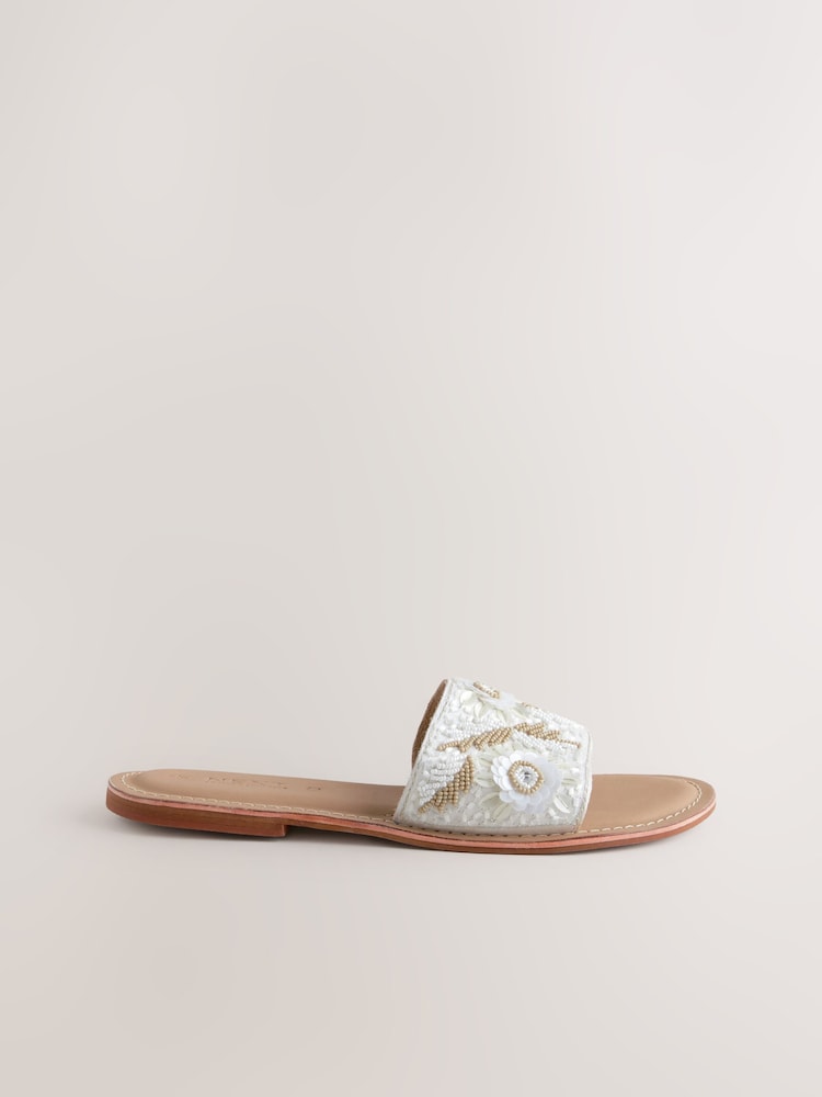 White/Gold Leather Standard/Wide Fit Forever Comfort® Beaded Flower Mules - Image 6 of 8