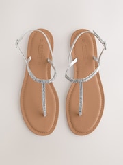 Silver Leather Standard/Wide Fit Forever Comfort® Jewelled T-Bar Toe Thong Sandals - Image 1 of 7