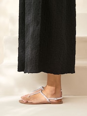 Silver Leather Standard/Wide Fit Forever Comfort® Jewelled T-Bar Toe Thong Sandals - Image 2 of 7