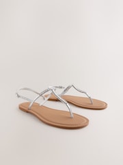 Silver Leather Standard/Wide Fit Forever Comfort® Jewelled T-Bar Toe Thong Sandals - Image 5 of 7