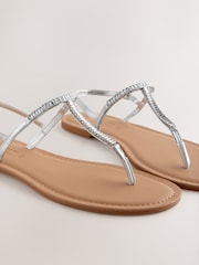 Silver Leather Standard/Wide Fit Forever Comfort® Jewelled T-Bar Toe Thong Sandals - Image 6 of 7