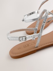 Silver Leather Standard/Wide Fit Forever Comfort® Jewelled T-Bar Toe Thong Sandals - Image 7 of 7
