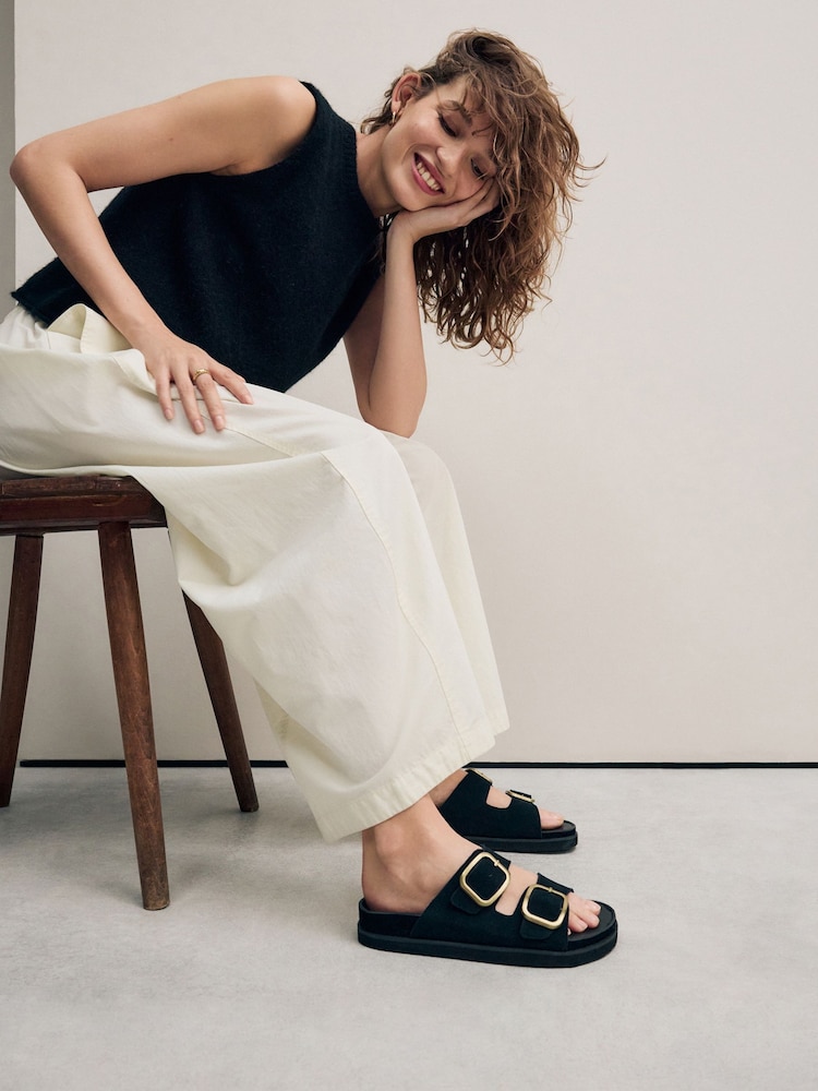 Black Suede Forever Comfort® Premium Double Strap Footbed Sandals - Image 4 of 10