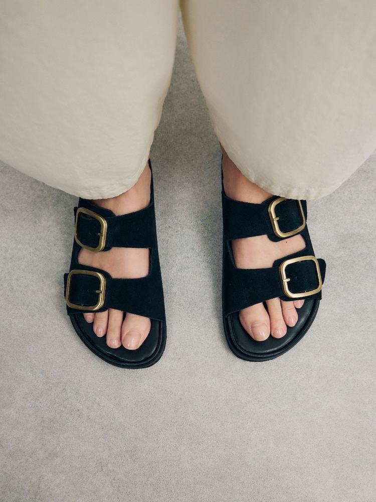 Black Suede Forever Comfort® Premium Double Strap Footbed Sandals - Image 6 of 10