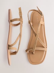 Tan Brown Leather Standard/Wide Fit Forever Comfort® Plait Strappy Toe Thong - Image 1 of 9