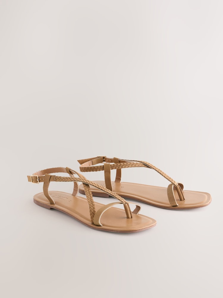 Tan Brown Leather Standard/Wide Fit Forever Comfort® Plait Strappy Toe Thong - Image 5 of 9