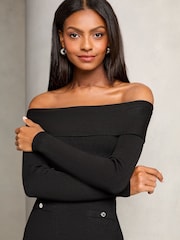 Lipsy Black Bardot Button Detail Ribbed Knit Dress - Image 4 of 4