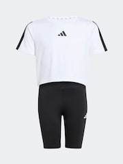 adidas White Train Essentials 3 Stripe T-Shirt and Shorts Set - Image 6 of 8
