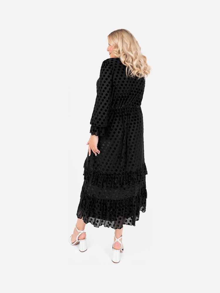 Lovedrobe Frill Hem Flock Tiered Midaxi Black Dress - Image 2 of 6 Lovedrobe Frill Hem Flock Tiered Midaxi Black Dress - Image 2 of 6