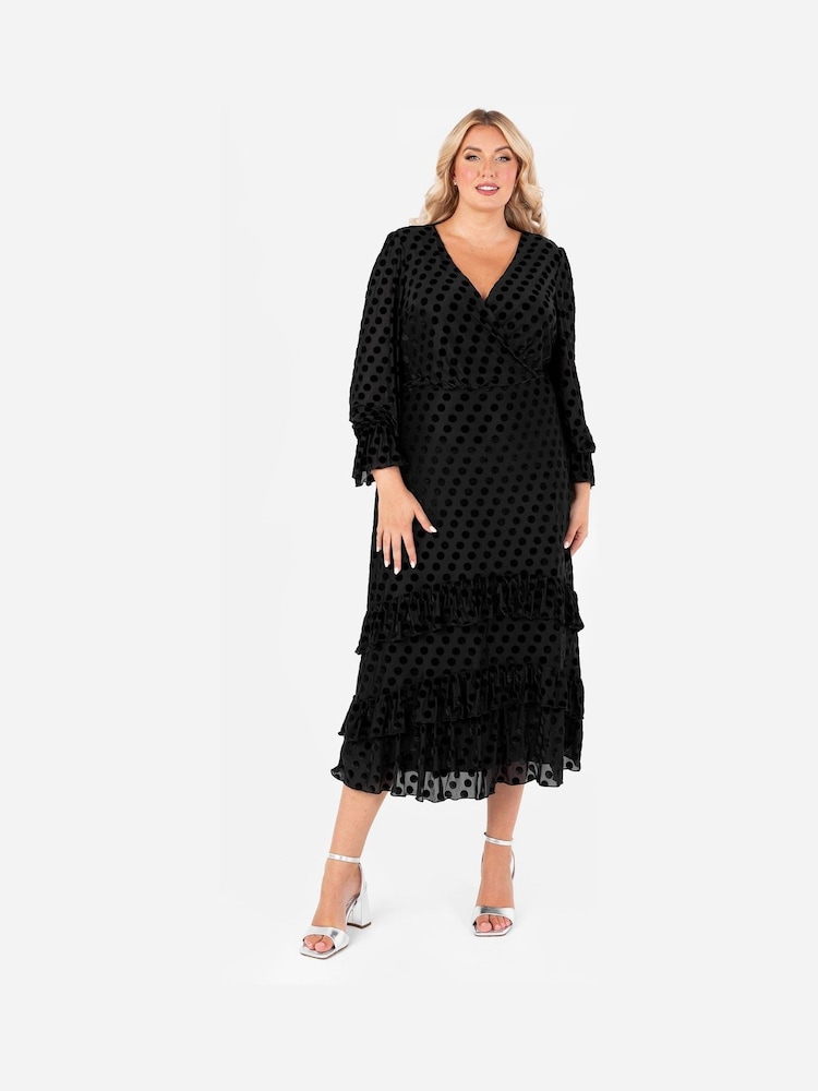 Lovedrobe Frill Hem Flock Tiered Midaxi Black Dress - Image 6 of 6