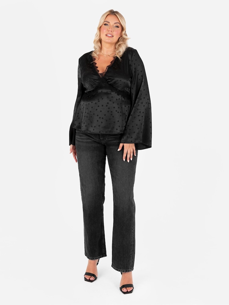Lovedrobe Spot Print Satin Long Sleeve Lace Trim Black Top - Image 1 of 4