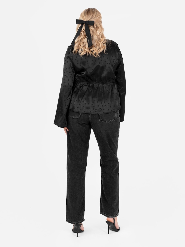 Lovedrobe Spot Print Satin Long Sleeve Lace Trim Black Top - Image 2 of 4