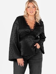 Lovedrobe Spot Print Satin Long Sleeve Lace Trim Black Top - Image 3 of 4