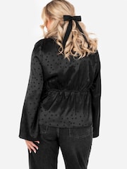 Lovedrobe Spot Print Satin Long Sleeve Lace Trim Black Top - Image 4 of 4