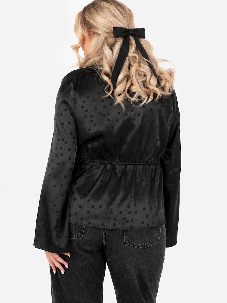 Lovedrobe Spot Print Satin Long Sleeve Lace Trim Black Top - Image 4 of 4
